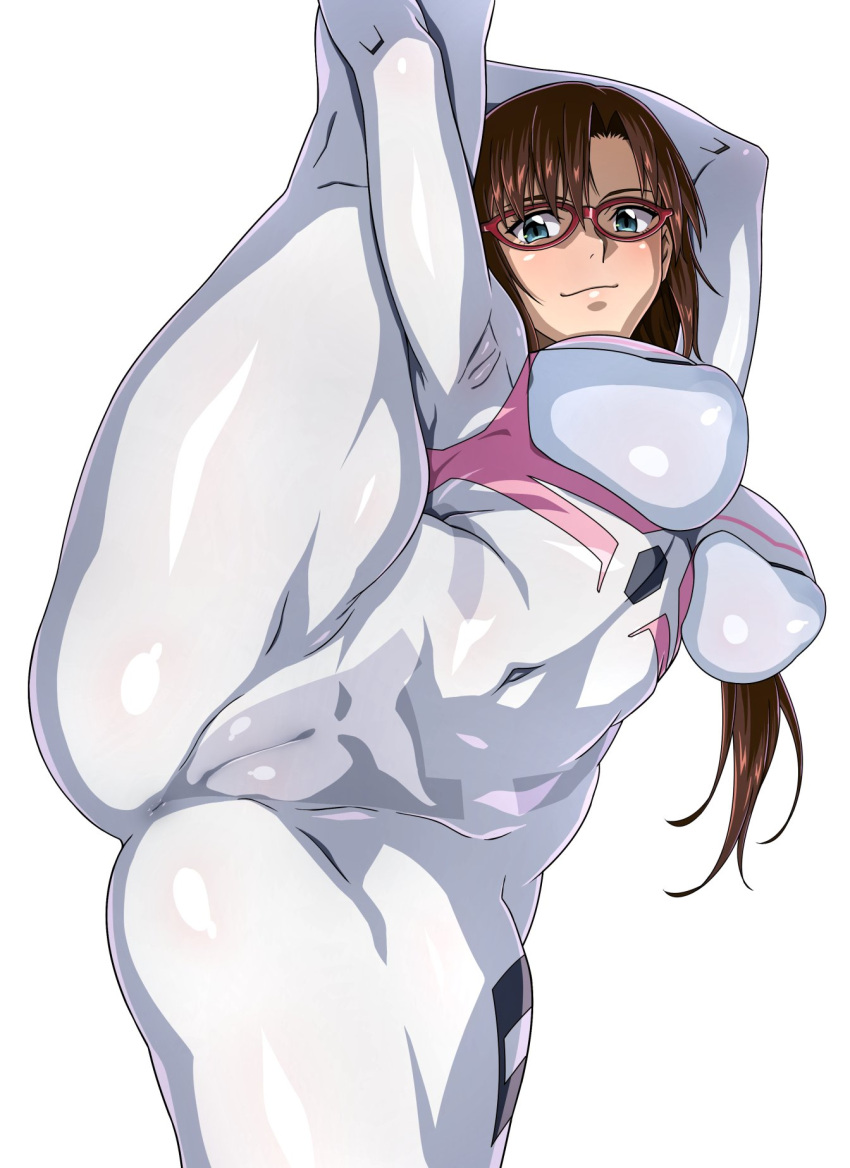 armpits brown_hair cameltoe covered_anus covered_navel covered_nipples female glasses highres j.h. long_hair looking_at_viewer makinami_mari_illustrious neon_genesis_evangelion plugsuit rebuild_of_evangelion red-framed_eyewear split standing standing_on_one_leg standing_split