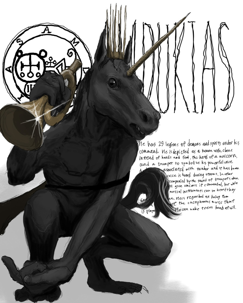 1boy 28_berakhah black_fur black_tail character_name english_text full_body furry furry_male highres holding holding_instrument holding_trumpet horse_boy instrument original solo squatting trumpet unicorn white_background