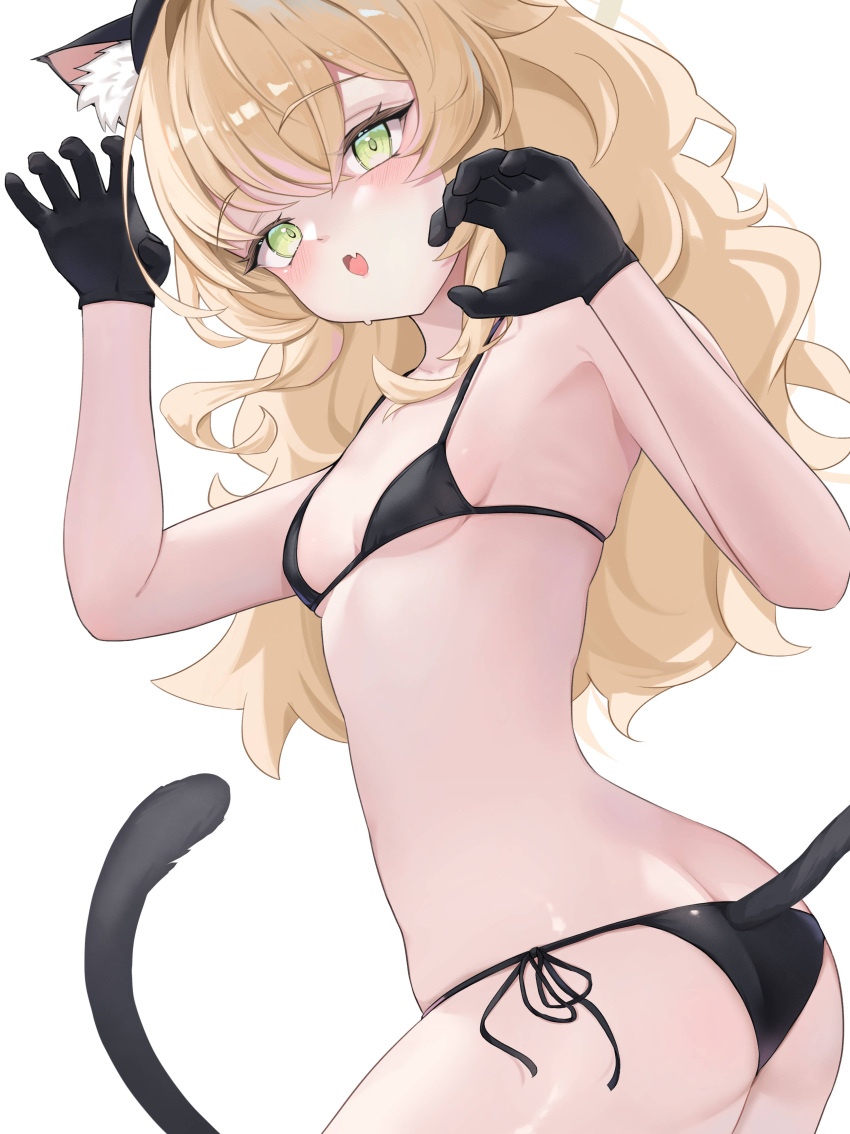 absurdres animal_ears bikini black_bikini black_gloves blue_archive breasts cat_ears cat_tail fake_animal_ears fake_tail female fluffy_hair gloves green_eyes halo highres long_hair looking_at_viewer oerba_yun_fang paw_pose professor_niyaniya_(blue_archive) shawn358 side-tie_bikini_bottom side_ahoge skin_fang small_breasts string_bikini swimsuit tail white_background yellow_halo