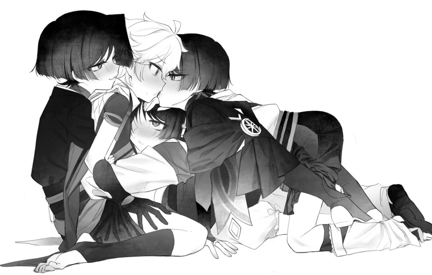 4boys aether_(genshin_impact) all_fours armor blush cerebrumsomnium clone dual_persona french_kiss from_side genshin_impact gloves greyscale highres japanese_armor japanese_clothes kissing kote male_focus monochrome multiple_boys nose_blush parted_lips saliva scaramouche_(genshin_impact) short_sleeves simple_background sitting sweat toeless_legwear wanderer_(genshin_impact) yaoi