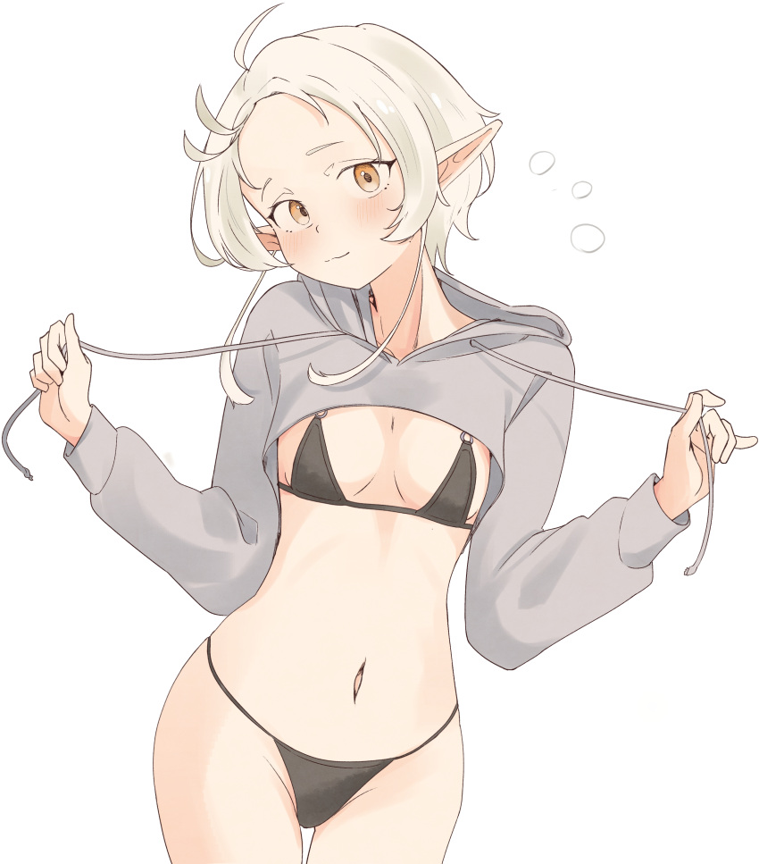 absurdres bikini black_bikini blush breasts closed_mouth cowboy_shot cropped_hoodie elf female grey_hoodie highres hood hood_down hoodie looking_at_viewer mushoku_tensei navel orange_eyes pointy_ears root_(1732050807point) short_hair simple_background small_breasts solo string_bikini swimsuit sylphiette_(mushoku_tensei) white_background white_hair