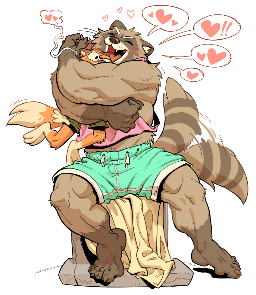 2022 anthro big_biceps big_muscles biped blush blush_lines bottomwear brown_body brown_fur claws closed_eyes clothing digital_drawing_(artwork) digital_media_(artwork) dominant dominant_male duo exclamation_point fangs feet fist fur happy heart_symbol hi_res hug larger_anthro larger_male lifted_by_hug love male male/male mammal markings muscular muscular_anthro muscular_arms muscular_legs muscular_male one_eye_half-closed open_mouth open_smile orange_body orange_fur pictographics pink_clothing pink_shirt pink_tank_top pink_topwear procyonid quads raccoon raymodule ring_(marking) ringed_tail romantic romantic_couple shirt shorts simple_background sitting size_difference smaller_anthro smaller_male smile striped_markings striped_tail stripes submissive submissive_male tail tail_markings tail_motion tailwag tank_top teeth tight_hug tongue topwear whiskers white_background