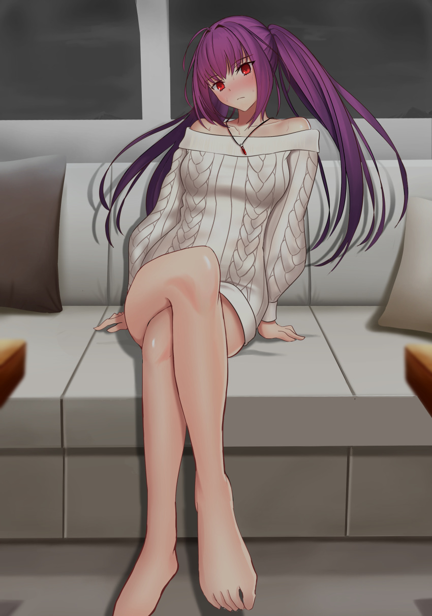 absurdres bare_shoulders barefoot breasts fate/grand_order fate_(series) female hair_between_eyes highres large_breasts long_hair long_sleeves longdq3008 looking_at_viewer purple_hair red_eyes scathach_(fate) scathach_skadi_(fate) solo sweater twintails white_sweater