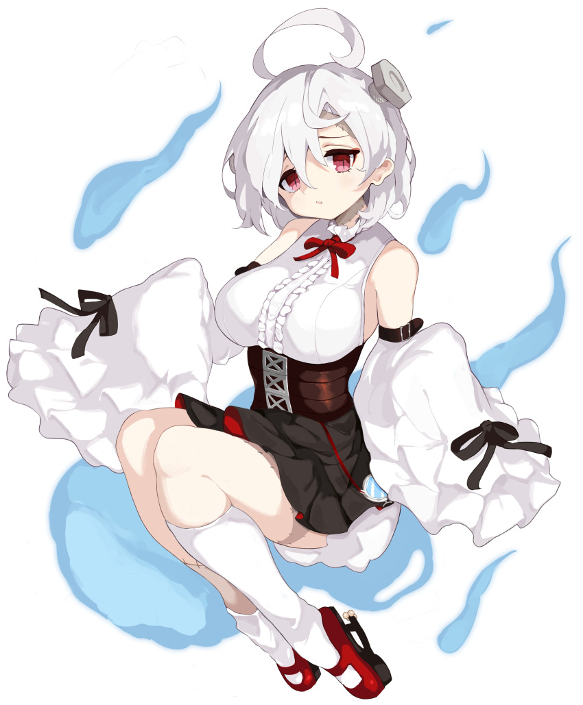 absurdres ahoge azur_lane black_corset black_skirt breasts center_frills corset detached_sleeves female frills hair_between_eyes highres huge_ahoge kesseil kneehighs purple_eyes red_footwear shirt short_hair skirt sleeveless sleeveless_shirt sleeves_past_fingers sleeves_past_wrists slit_pupils socks solo stitched_face stitched_leg stitched_neck stitches terror_(azur_lane) white_shirt white_sleeves white_socks will-o'-the-wisp_(mythology)