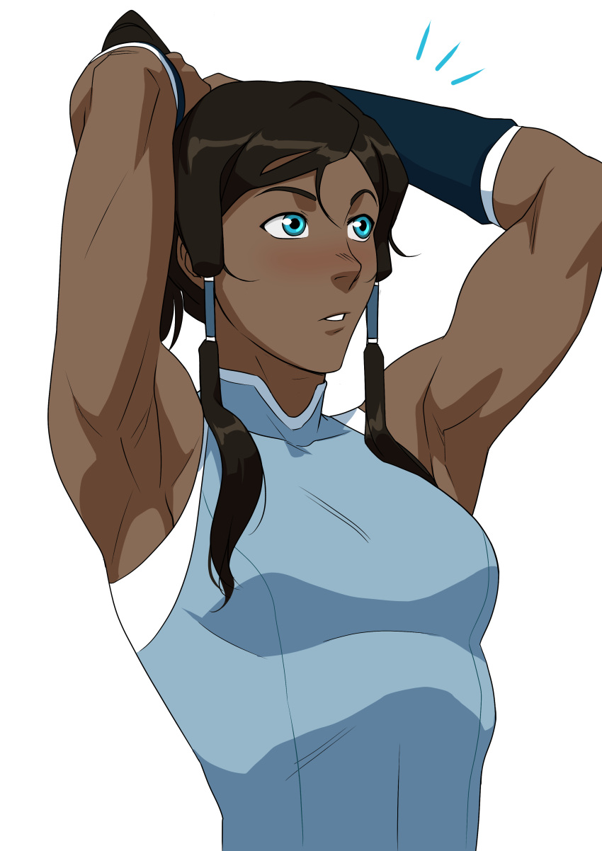 absurdres armpits arms_up avatar_legends blue_eyes breasts brown_hair commission dark-skinned_female dark_skin english_commentary female highres korra mastrocecchi muscular muscular_female simple_background sleeveless small_breasts solo teeth the_legend_of_korra upper_body white_background