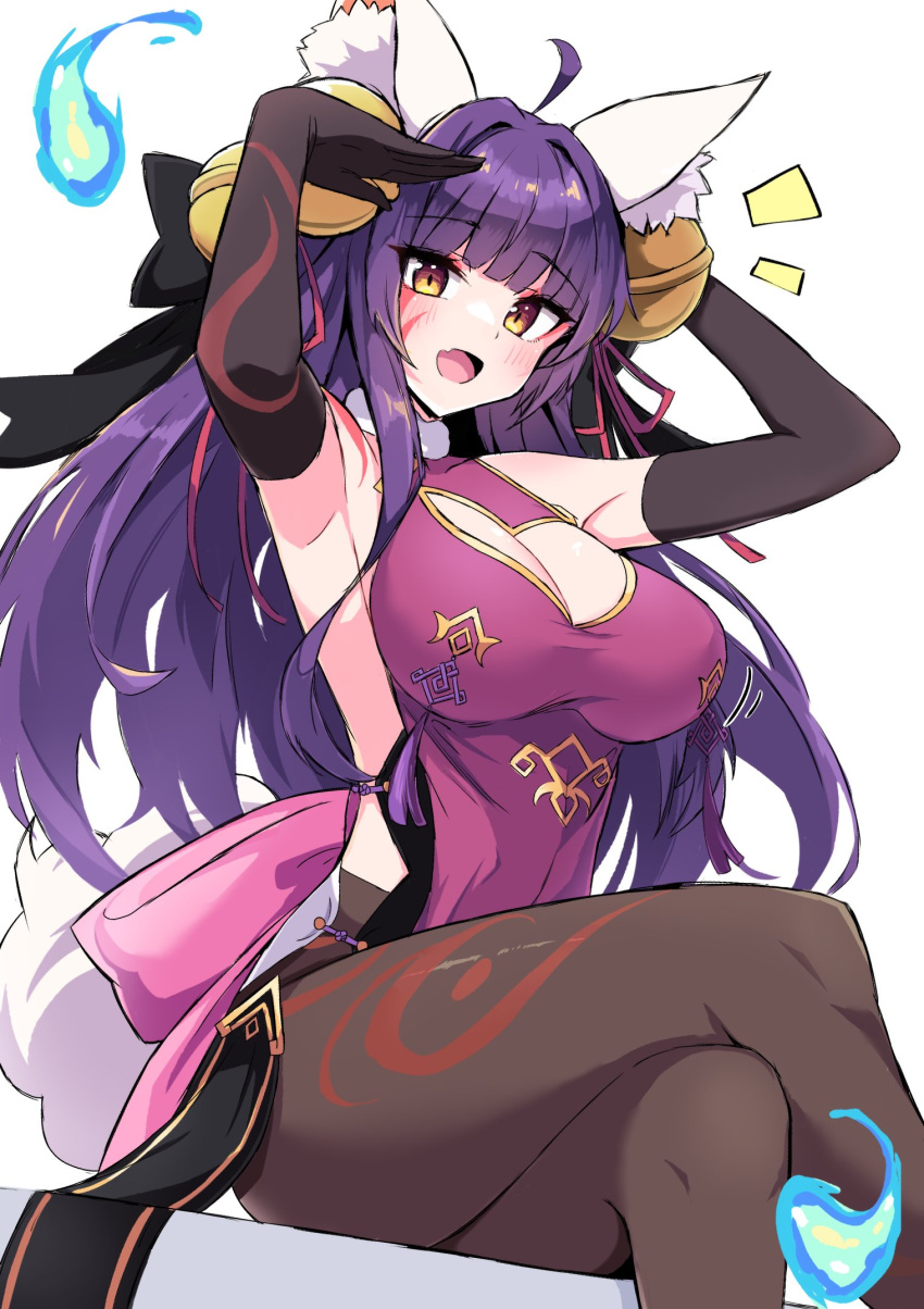 animal_ear_fluff animal_ears bell blunt_bangs body_markings breasts cleavage cleavage_cutout clothing_cutout daji_(monster_strike) eyeshadow facial_mark female fox_girl hair_bell hair_ornament hair_ribbon highres kobayashi_macchan large_breasts long_hair looking_at_viewer makeup monster_strike open_mouth pantyhose purple_hair ribbon solo tail yellow_eyes