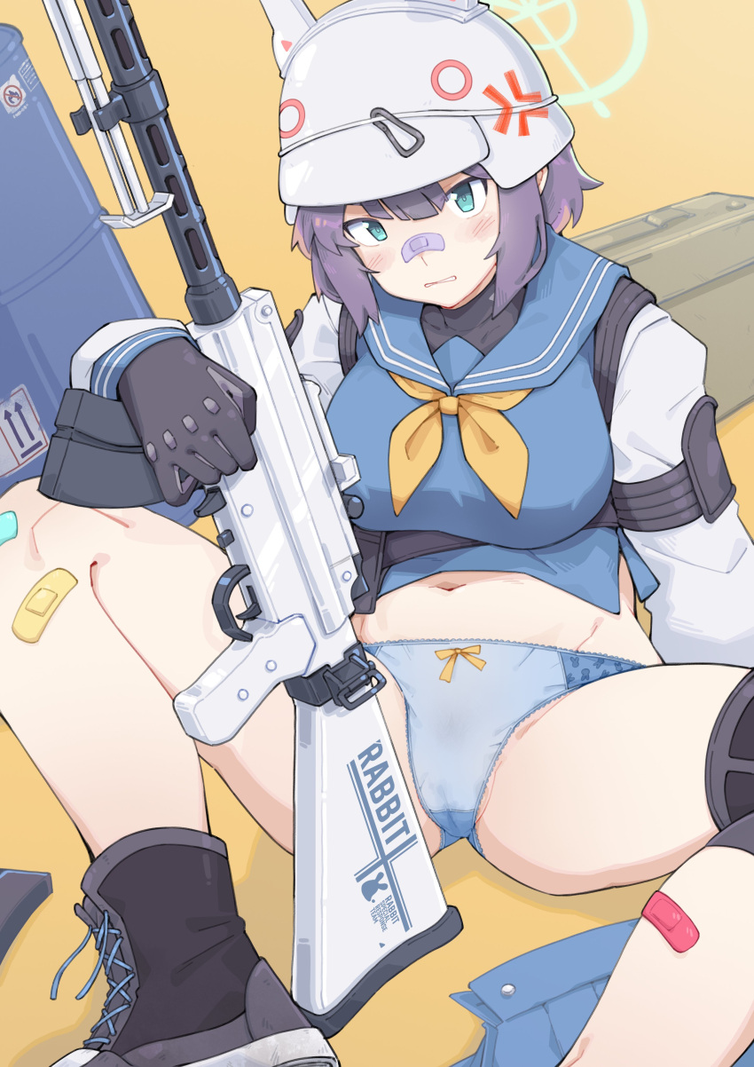 absurdres aqua_eyes ass assault_rifle bandaid bandaid_on_face bandaid_on_nose black_gloves blue_archive blue_panties blush bow bow_panties breasts cameltoe female gloves grey_gloves gun halo helmet highres holding holding_gun holding_weapon kokuya_(kokuya28) lahti-saloranta_m/26 large_breasts light_machine_gun machine_gun navel panties parted_lips purple_hair pussy_juice rifle saki_(blue_archive) short_hair simple_background skirt spread_legs turtleneck two-tone_gloves underwear unworn_skirt weapon wet wet_clothes wet_panties yellow_background