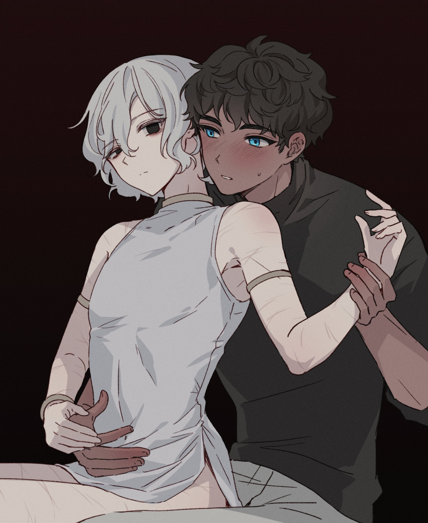 2boys absurdres armlet bags_under_eyes black_eyes black_hair blue_eyes blush curly_hair dark-skinned_male dark_skin dungeon_meshi elf grey_hair hand_on_another's_stomach highres holding_another's_wrist hug hug_from_behind jewelry kabru lazy_eye lella_nyam male_focus mithrun multiple_boys multiple_scars pointy_ears purple_background scar shirt short_hair simple_background sitting sitting_on_lap sitting_on_person sleeveless sweatdrop tunic uneven_eyes yaoi