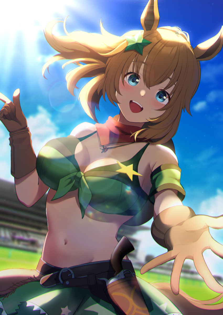 :d absurdres akinonohara animal_ears bandeau bare_shoulders belt blue_eyes blue_sky blurry blurry_background blush breasts brown_belt brown_gloves brown_hair cleavage colt_single_action_army commentary_request cowboy_hat cowboy_shot day elbow_gloves female gloves green_bandeau green_skirt gun hair_between_eyes hair_ornament hat hat_on_back highres holstered horse_ears horse_girl horse_tail large_breasts long_hair looking_at_viewer midriff miniskirt navel open_mouth outdoors ponytail purple_thighhighs reaching reaching_towards_viewer red_scarf revolver scarf shadow sheriff_badge sidelocks skindentation skirt sky smile solo standing star_(symbol) star_hair_ornament sun taiki_shuttle_(umamusume) tail thighhighs umamusume weapon zettai_ryouiki