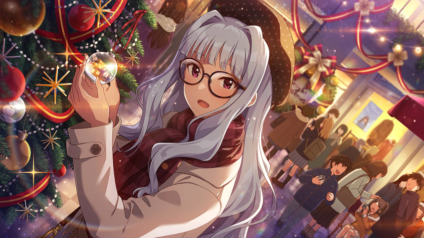 3boys 6+girls artist_request beret bespectacled blush brown_hat christmas_ornaments christmas_tree coat glasses grey_hair hat idolmaster idolmaster_(classic) idolmaster_million_live! idolmaster_million_live!_theater_days long_hair looking_at_viewer multiple_boys multiple_girls official_art open_mouth plaid_clothes plaid_scarf polka_dot_headwear purple_eyes red-framed_eyewear red_scarf ribbon scarf shijou_takane sidelocks solo_focus two-tone_ribbon wavy_hair winter_clothes winter_coat