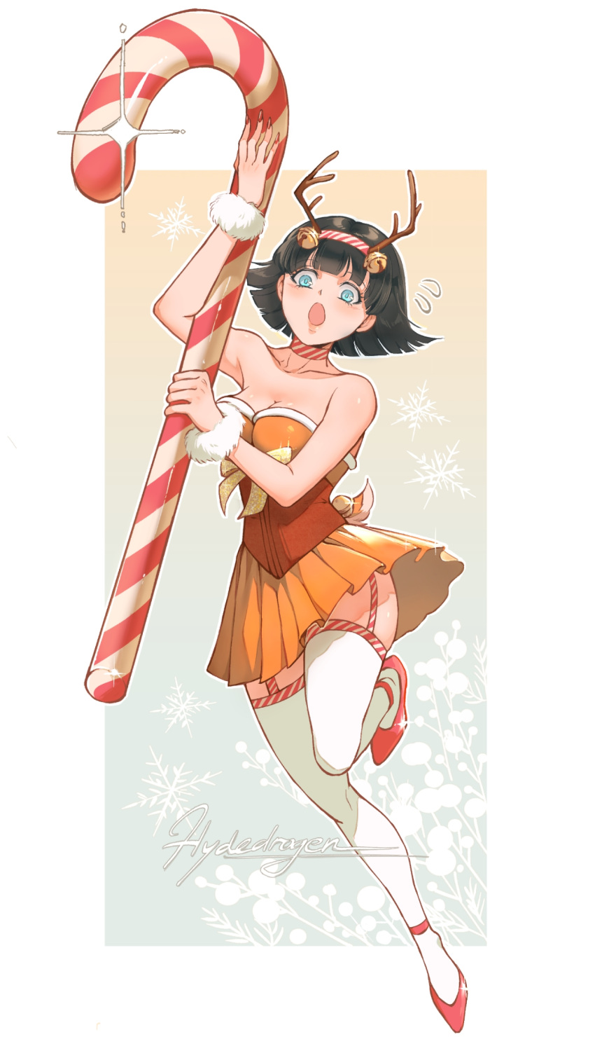 black_hair blue_eyes breasts candy candy_cane cleavage collarbone dragon_ball dragon_ball_z fake_antlers female flying_sweatdrops food full_body garter_straps highres holding holding_candy holding_candy_cane holding_food hydeover9000 open_mouth oversized_food oversized_object pleated_skirt red_footwear short_hair signature skirt solo sparkle striped_choker thighhighs videl white_thighhighs