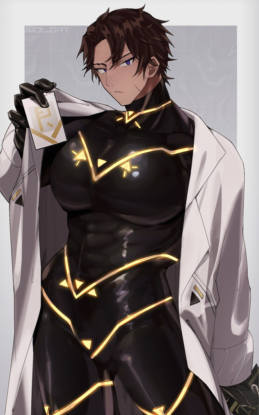 1boy alternate_pectoral_size black_bodysuit bodysuit border brown_hair coat cowboy_shot dark-skinned_male dark_skin diort grey_background heathcliff_(project_moon) highres holding holding_id_card huge_pectorals id_card lab_coat limbus_company looking_at_viewer male_focus manboobs neon_trim outside_border p_corp_uniform parted_bangs project_moon purple_eyes solo tight_clothes turtleneck turtleneck_bodysuit white_border