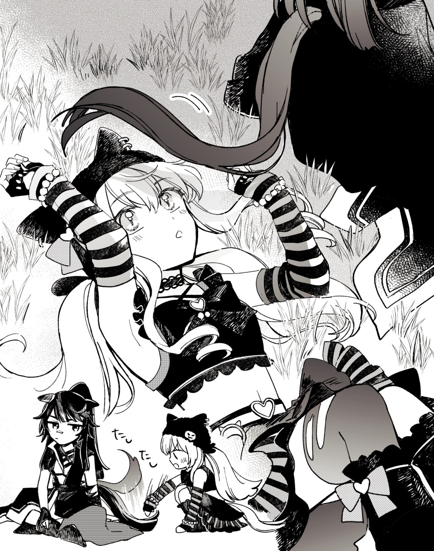 2girls :o absurdres animal_ear_headwear animal_ears bead_bracelet beads blush boots bracelet chibi claw_pose crop_top detached_sleeves fingerless_gloves gloves grass greyscale hat highres horse_ears horse_girl horse_tail jewelry long_hair lying mayano_top_gun_(rockin'_mewmeow)_(umamusume) mayano_top_gun_(umamusume) midriff miniskirt monochrome motion_lines multiple_girls multiple_views narita_brian_(hungry_wolves)_(umamusume) narita_brian_(umamusume) navel on_back open_mouth ponytail shirt sitting skirt sleeveless sleeveless_shirt speed_lines tail thighhighs torn_clothes torn_thighhighs twintails umamusume yonu_(yonurime)