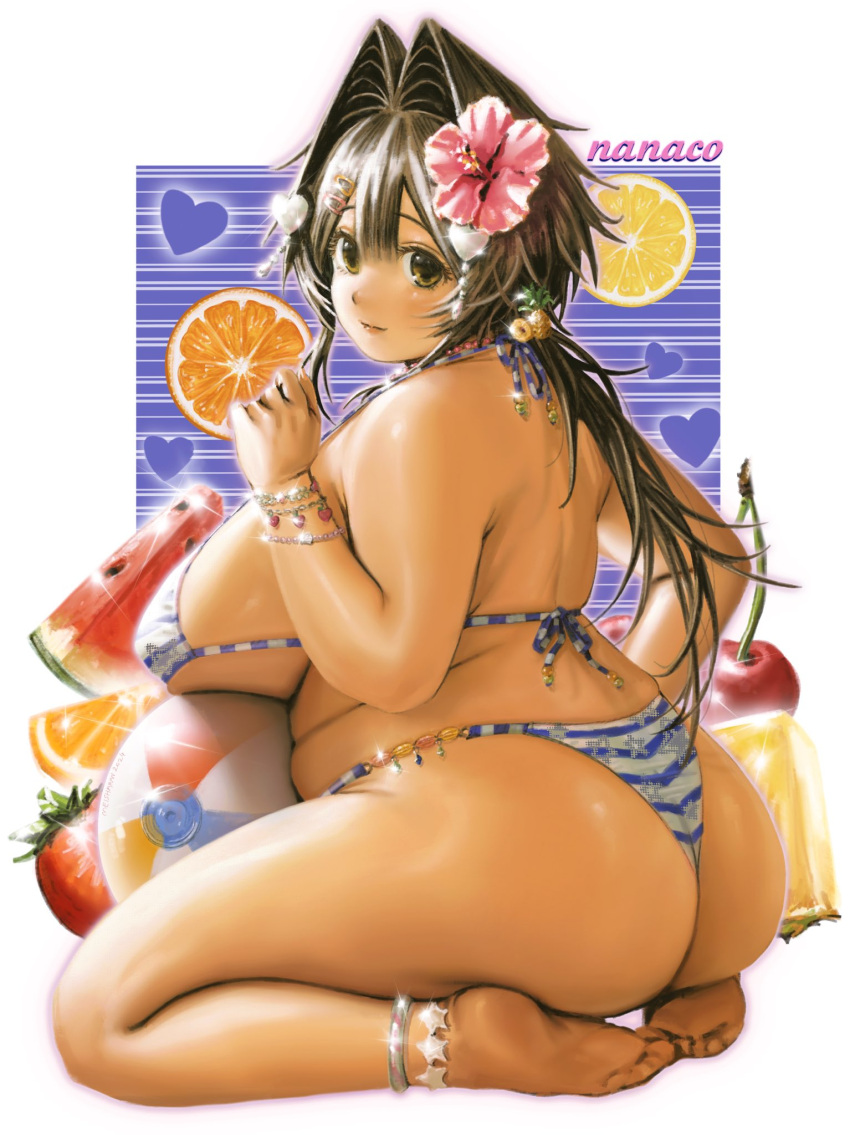 bikini blue_background blue_bikini breasts brown_eyes brown_hair character_name cherry closed_mouth female flower food fruit full_body hair_flower hair_intakes hair_ornament hairclip heart highres hott0g111 huge_breasts lemon lemon_slice long_hair looking_at_viewer nanaco_(hott0g111) orange_(fruit) orange_slice original pineapple pineapple_slice plump solo striped_bikini striped_clothes swimsuit thick_arms thick_thighs thighs watermelon watermelon_slice white_bikini