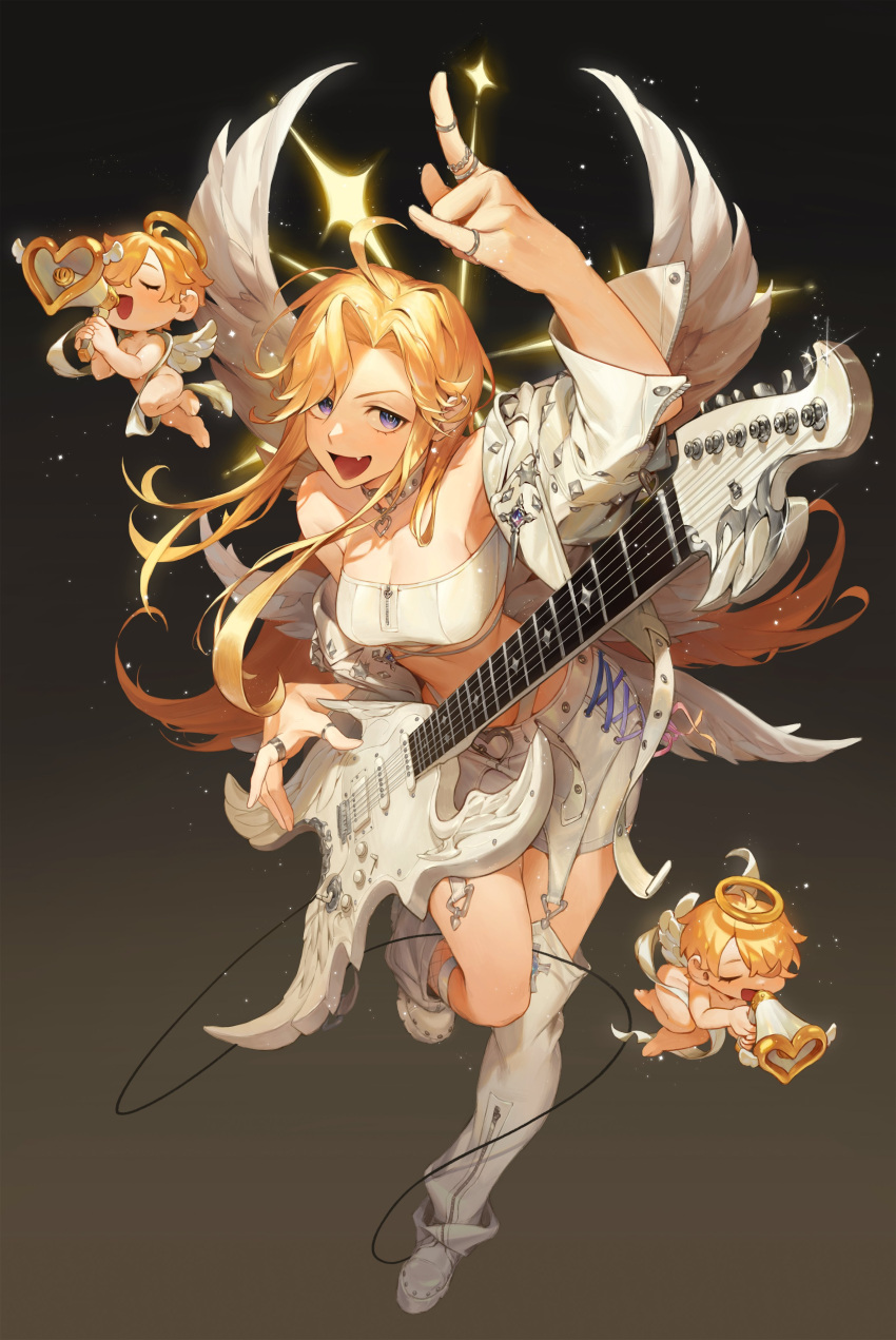 :d \m/ absurdres ahoge angel angel_wings arm_up bandeau belt blonde_hair blue_eyes boots breasts buckle cable cherub closed_eyes collar commentary electric_guitar feathered_wings female floating_hair flying glint gradient_background guitar hair_over_one_eye halo heart heart-shaped_buckle heart_o-ring highres holding holding_megaphone instrument jacket jewelry knee_boots large_breasts long_hair looking_at_viewer megaphone multiple_rings multiple_wings nosedog o-ring_collar oerba_yun_fang off_shoulder one_eye_covered open_clothes open_jacket open_mouth original ring shawl short_hair skirt smile standing standing_on_one_leg studded_jacket symbol-only_commentary tongue traditional_halo very_long_hair white_bandeau white_belt white_collar white_footwear white_jacket white_skirt white_wings wings yellow_halo