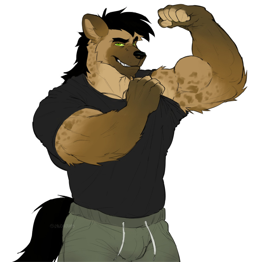 1:1 2024 absurd_res anthro barazoku biceps big_muscles biped brown_body brown_fur flexing flexing_bicep fur green_eyes hi_res hyena lalonjuas looking_at_viewer male mammal muscular muscular_anthro muscular_male solo