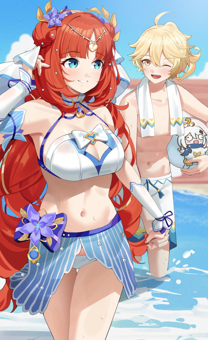 1boy absurdres adapted_costume aether_(genshin_impact) ball bare_shoulders beachball bikini bikini_skirt blonde_hair blue_eyes blue_skirt blue_sky breasts cleavage cloud commentary cowboy_shot day double_bun female genshin_impact grin haerge hair_bun halterneck highres holding holding_ball holding_beachball large_breasts long_hair male_swimwear navel nilou_(breeze_of_sabaa)_(genshin_impact) nilou_(genshin_impact) paimon_(genshin_impact) red_hair shorts skirt sky smile standing stomach swim_trunks swimsuit thighs topless_male very_long_hair wading water white_bikini white_shorts