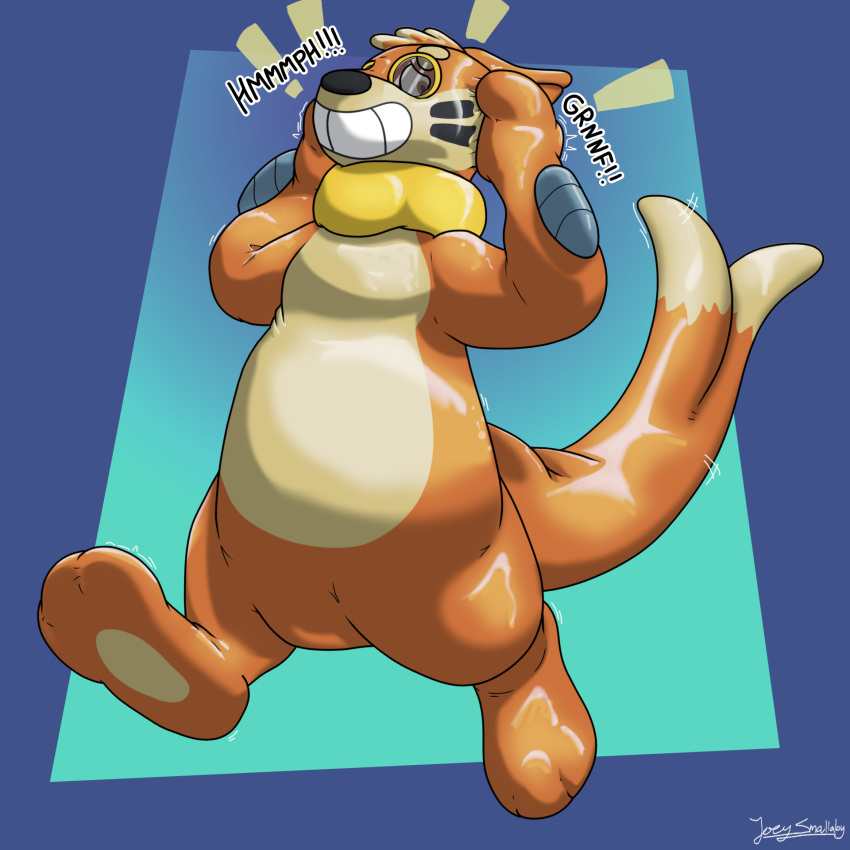 bound buizel clothing costume egkangaroo_(artist) elbow_fin encasement feral flotation_sac forked_tail generation_4_pokemon glistening glistening_body hi_res latex latex_clothing latex_skinsuit male mammal markings mustelid nintendo orange_body orange_skin otter paradox pawpads pokemon pokemon_(species) pokemon_costume simple_background skinsuit solo struggling suit tail tan_body tan_skin tight_clothing trapped unusual_anatomy unusual_tail whisker_markings