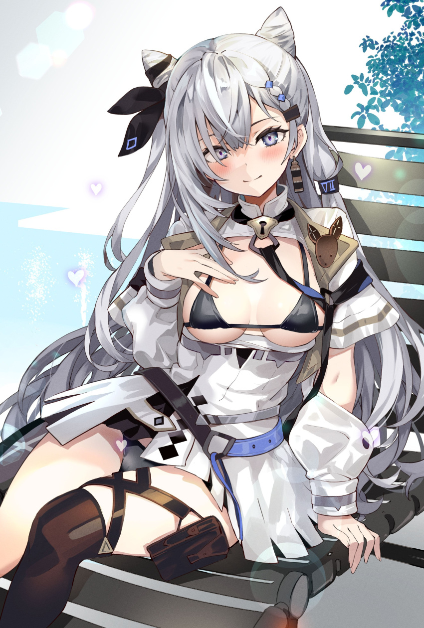 absurdres black_bra black_panties black_thighhighs blue_eyes blush bra braid braided_bangs breasts cleavage closed_mouth clothes_pull collared_dress cone_hair_bun day double-parted_bangs double_bun dress dress_pull earrings female grey_hair hair_bun hair_ornament hair_ribbon hairclip highres hololive hololive_indonesia jacket jewelry long_hair looking_at_viewer medium_breasts multicolored_hair outdoors panties pantyshot pleated_dress pouch pukara ribbon short_dress single_earring single_sidelock single_thighhigh sitting smile solo thigh_pouch thigh_strap thighhighs two_side_up underwear very_long_hair vestia_zeta vestia_zeta_(1st_costume) virtual_youtuber white_dress white_jacket