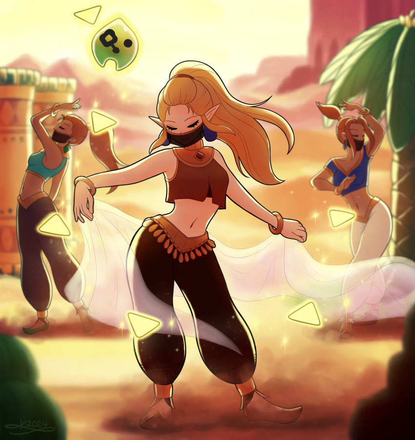 1other 3girls blonde_hair blurry blurry_background bracelet chokkokat closed_eyes dancing gerudo highres jewelry mouth_veil multiple_girls official_alternate_costume official_alternate_hairstyle palm_tree ponytail princess_zelda red_hair shawl sleeveless the_legend_of_zelda the_legend_of_zelda:_echoes_of_wisdom tree tri_(zelda) veil