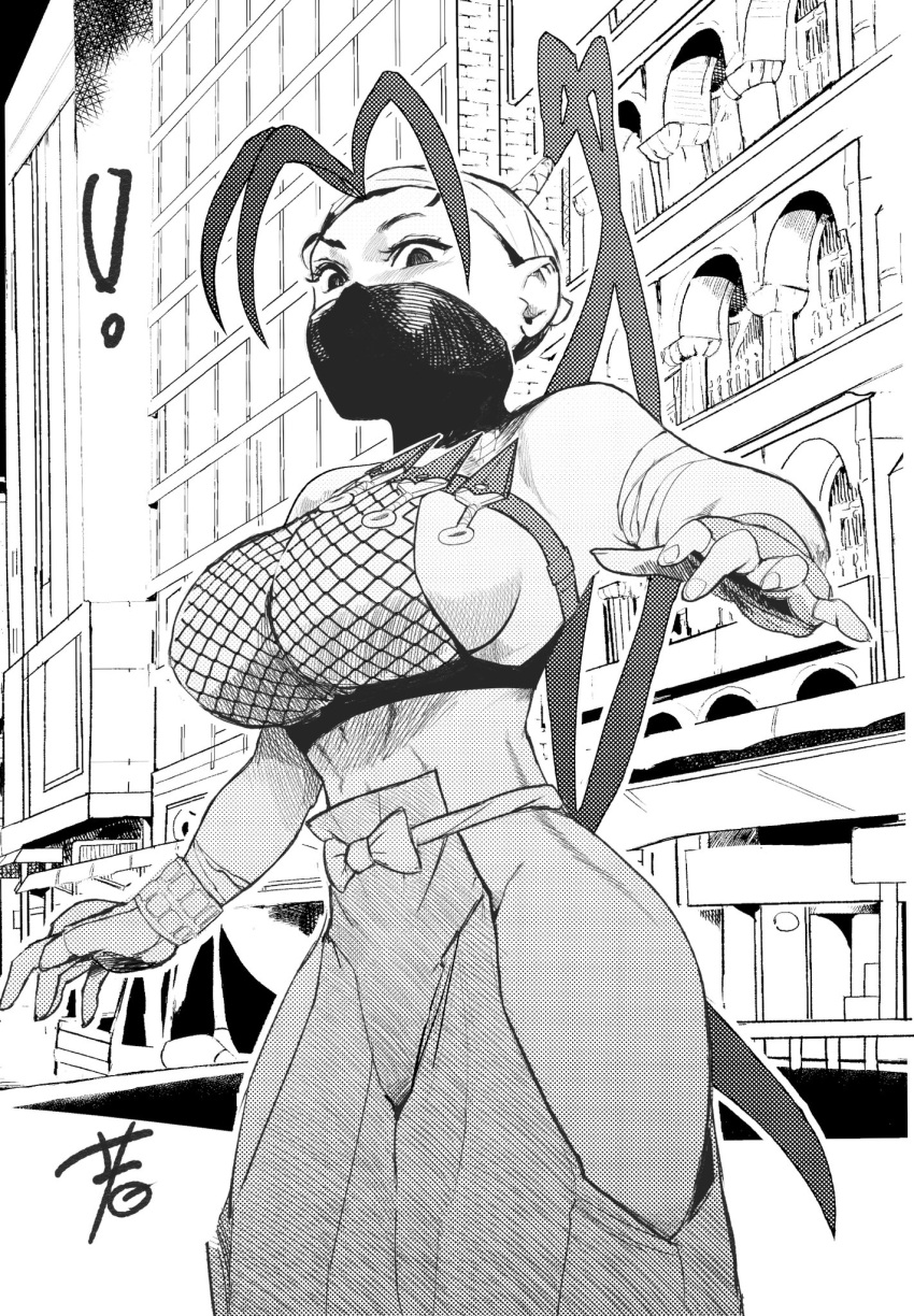 antenna_hair breasts female fingerless_gloves fishnet_top fishnets from_below gloves highres hip_vent hiroshi_mono ibuki_(street_fighter) kunai large_breasts long_hair looking_at_viewer mask monochrome ninja ponytail solo street_fighter street_fighter_iii_(series) street_fighter_iv_(series) street_fighter_v weapon