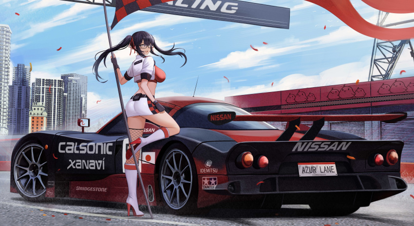 absurdres ass azur_lane boots breasts building car character_request checkered_flag city cityscape female flag glasses gloves high_heel_boots high_heels highres holding holding_flag kcar66t large_breasts long_hair manjuu_(azur_lane) motor_vehicle outdoors product_placement race_queen single_thighhigh skyscraper sports_car thighhighs twintails