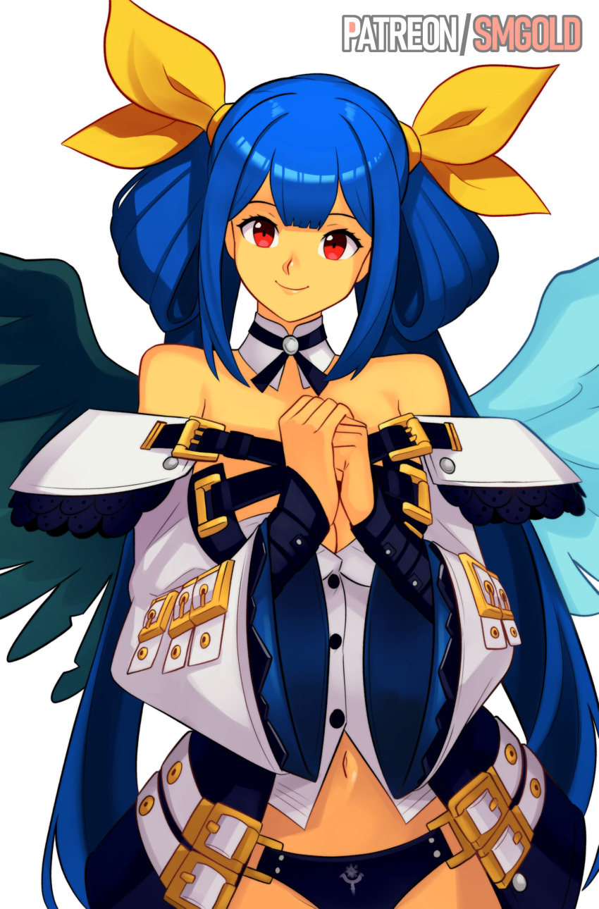 absurdres angel_wings artist_name asymmetrical_wings bare_shoulders belt black_panties blue_hair breasts cleavage cleavage_cutout closed_mouth clothing_cutout collar detached_collar detached_sleeves dizzy_(guilty_gear) female guilty_gear guilty_gear_xrd hair_between_eyes hair_ribbon hair_rings highres large_breasts long_hair midriff navel own_hands_together panties patreon_username red_eyes ribbon sidelocks smgold smile solo standing twintails underwear white_background wide_sleeves wings yellow_ribbon