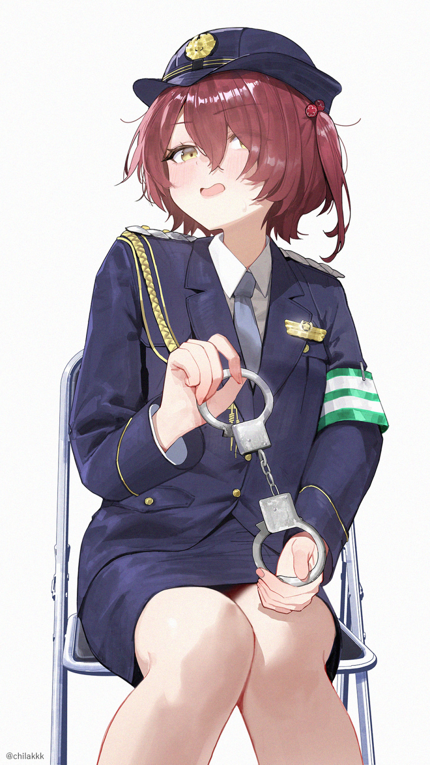 armband artist_name blue_hat blue_necktie blue_shirt blue_skirt blush chair chilakkk commentary_request cuffs female folding_chair green_armband handcuffs hat highres holding holding_handcuffs knees_together_feet_apart komari_chika long_sleeves looking_at_viewer make_heroine_ga_oo_sugiru! necktie on_chair one_side_up open_mouth police police_hat police_uniform red_hair shirt short_hair simple_background sitting skirt solo thighs white_background white_shirt yellow_eyes