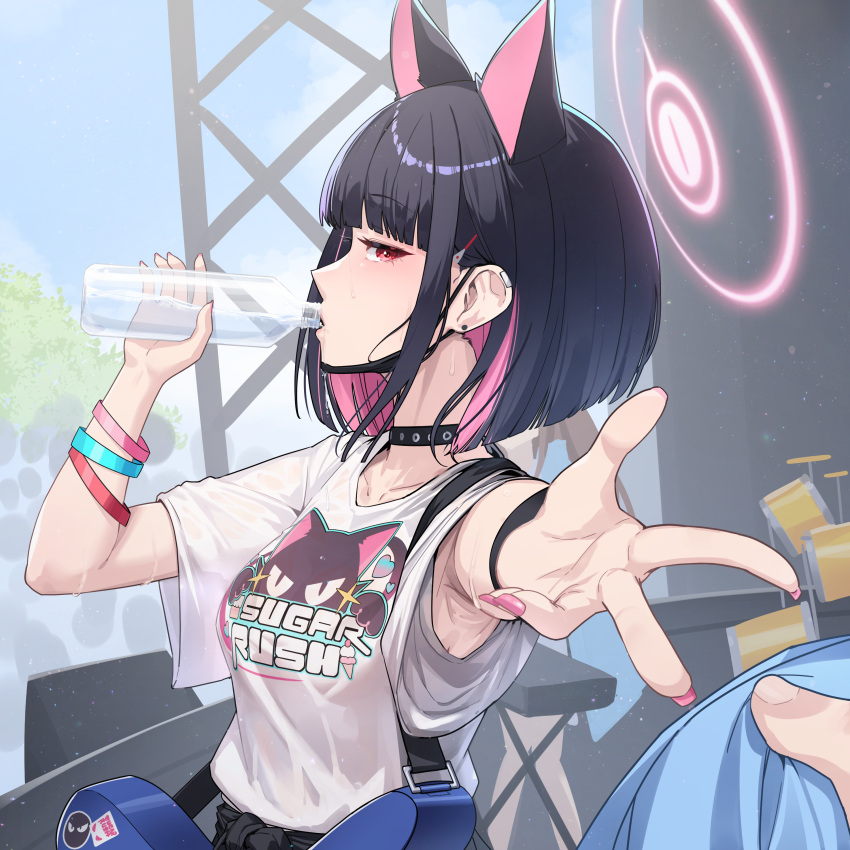 absurdres animal_ears black_choker black_hair black_jacket blue_archive bottle bracelet breasts choker clothes_around_waist clothes_writing colored_inner_hair drinking drum drum_set earrings female guitar halo highres holding holding_bottle ilsae instrument jacket jacket_around_waist jewelry kazusa_(band)_(blue_archive) kazusa_(blue_archive) multicolored_hair multiple_bracelets pink_eyes pink_hair pink_nails reaching reaching_towards_viewer shirt short_hair solo white_shirt