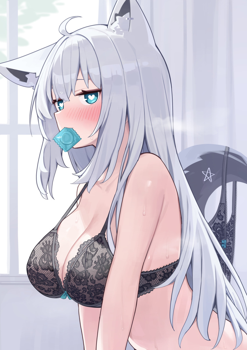 absurdres ahoge animal_ear_fluff animal_ear_piercing animal_ears aqua_eyes black_bra black_panties blush bra breasts cleavage closed_mouth commentary_request condom condom_in_mouth deaver female fox_ears fox_girl fox_tail from_side hair_between_eyes heart heart-shaped_pupils highres hololive indoors lace lace_bra lace_panties large_breasts lingerie long_hair looking_at_viewer mouth_hold paid_reward_available panties panties_around_tail pentagram shirakami_fubuki solo symbol-shaped_pupils tail underwear underwear_only unworn_panties upper_body virtual_youtuber white_hair