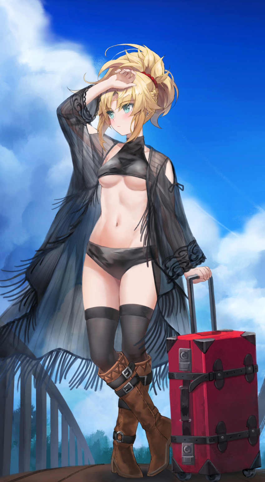 arm_up bikini black_bikini blonde_hair blue_sky blush braid breasts brown_footwear collarbone fate/apocrypha fate_(series) female fishnet_top fishnets full_body green_eyes hair_ornament hair_scrunchie half_up_braid highres long_hair long_sleeves looking_to_the_side mordred_(fate) mordred_(fate/apocrypha) navel parted_bangs ponytail rolling_suitcase scrunchie sidelocks sky solo standing stomach suitcase swimsuit thighs tonee variant_set