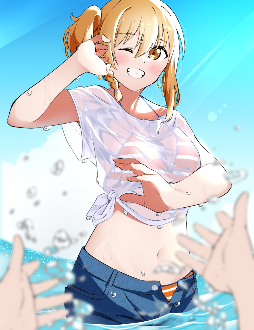 bikini bikini_under_clothes blonde_hair blue_shorts blue_sky blurry blurry_foreground blush braid breasts check_commentary collarbone commentary_request cowboy_shot denim denim_shorts female grin halterneck highres liz_(piyoko_piyop) looking_at_viewer love_live! love_live!_nijigasaki_high_school_idol_club medium_breasts midriff miyashita_ai navel open_fly orange_bikini orange_eyes pov pov_hands see-through_clothes see-through_shirt shirt short_hair short_sleeves shorts side_braid side_ponytail sidelocks sky smile solo string_bikini swimsuit t-shirt tied_shirt wading water_drop wet wet_clothes wet_shirt white_shirt