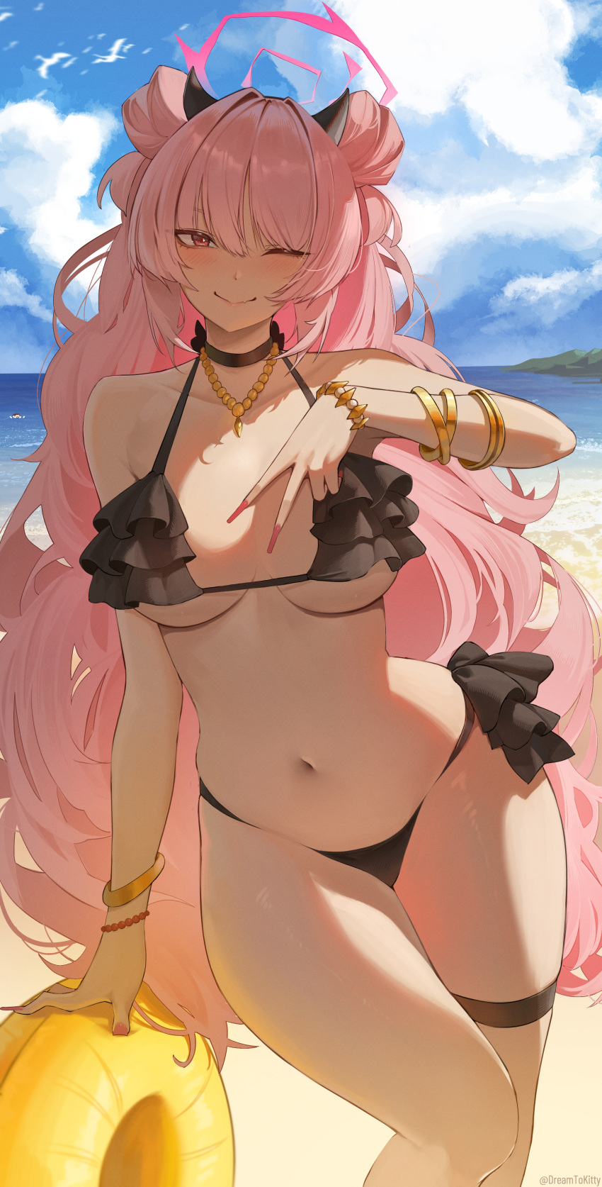 absurdres alternate_costume bikini black_bikini blue_archive blue_sky blush bracelet closed_mouth cloud cloudy_sky commentary_request contrapposto day demon_horns double_bun dreamtokitty female fingernails frilled_bikini frills gold_bracelet gyaru hair_bun halo halterneck highres horizon horn_hairband horns jewelry kirara_(blue_archive) long_fingernails long_hair looking_at_viewer multiple_bracelets nail_polish navel one_eye_closed outdoors pink_hair pink_halo pink_nails red_eyes sky smile solo stomach swimsuit thigh_strap very_long_hair wavy_hair yellow_innertube