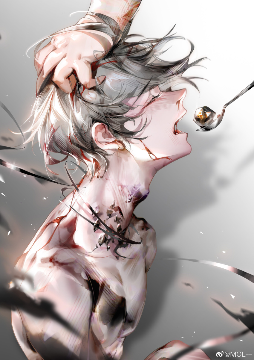 1boy 1other absurdres arknights bare_shoulders blood blood_in_hair blood_on_face closed_eyes feeding from_side grabbing_another's_hair grey_background grey_hair highres male_focus material_growth mephisto_(arknights) mol-- nosebleed open_mouth originium_(arknights) oripathy_lesion_(arknights) profile short_hair solo_focus spoon upper_body weibo_logo weibo_watermark