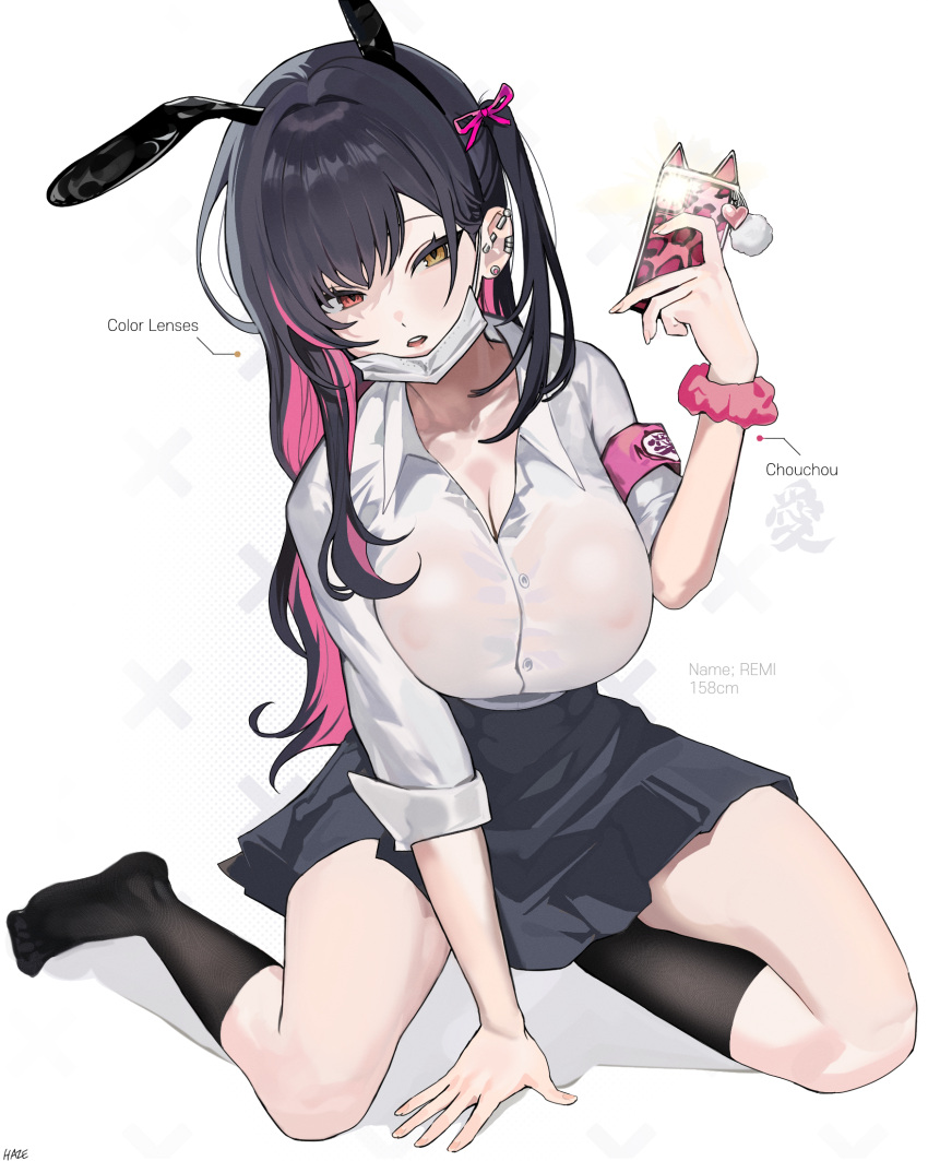 animal_ears black_hair black_socks breasts cellphone cleavage collared_shirt colored_inner_hair ear_piercing fake_animal_ears feet female haze_(ohw8g) heterochromia highres holding holding_phone large_breasts long_hair mask_pull multicolored_hair no_shoes one_side_up orange_eyes original parted_lips phone piercing pink_armband pink_hair rabbit_ears shirt simple_background socks solo toes white_background white_mask white_shirt yellow_eyes