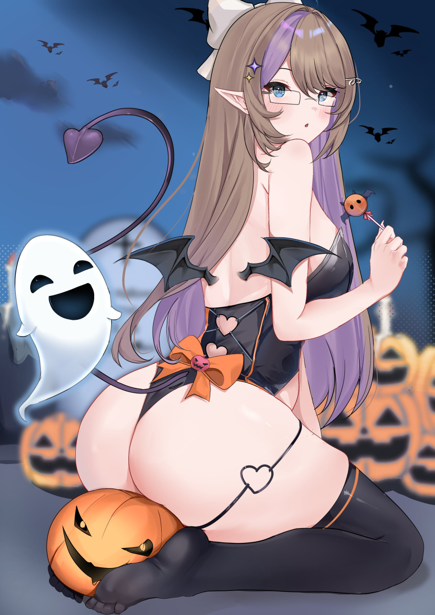 absurdres ass bat_(animal) black_leotard black_thighhighs black_wings blue_eyes bow breasts brown_hair candy clothing_cutout colored_inner_hair demon_girl demon_tail female food ghost glasses hair_ornament hairbow heart_cutout highres holding holding_candy holding_food holding_lollipop jack-o'-lantern leotard lollipop median_furrow multicolored_hair night night_sky orange_bow original pointy_ears pokuriin purple_hair sky solo tail thighhighs two-tone_hair white_bow wings