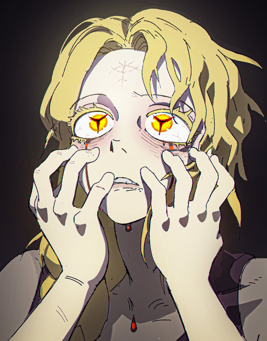 absurdres aisendraw bags_under_eyes black_background blonde_hair blood blood_from_eyes colored_eyelashes commentary elden_ring elden_ring:_shadow_of_the_erdtree facial_mark female forehead_mark frown glowing glowing_eyes hands_on_own_face highres long_hair messy_hair queen_marika_the_eternal solo spoilers symbol-shaped_pupils wide-eyed yellow_eyes