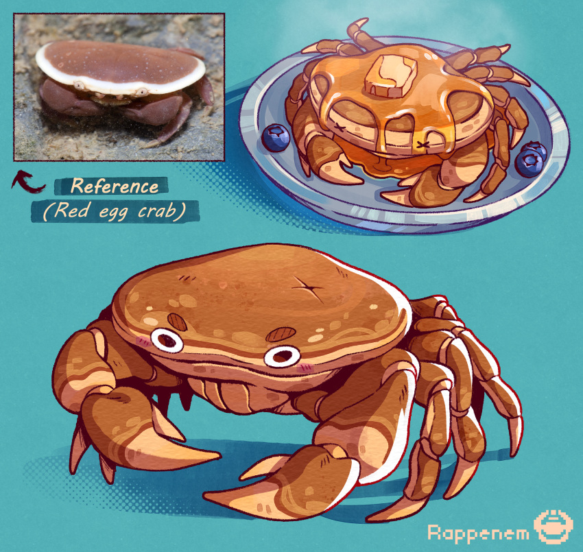 2024 absurd_res ambiguous_gender arthropod blueberry_(fruit) butter crab crustacean dairy_products decapoda english_text feral food food_creature fruit hi_res malacostracan marine pancake pincers plant plate rappenem red_egg_crab reference_image solo species_name syrup text