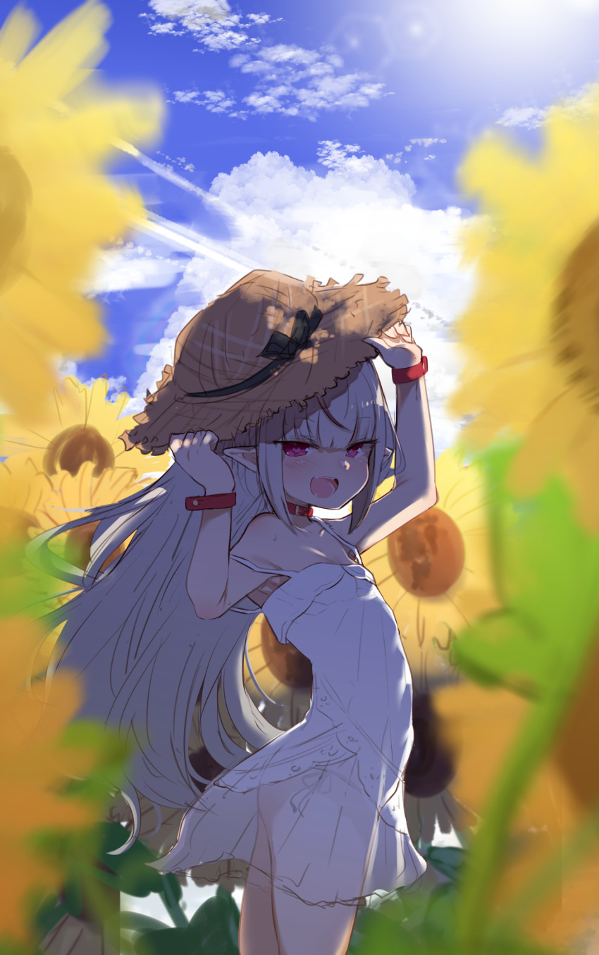 absurdres bare_shoulders blue_sky breasts choker cloud commentary_request dress female field flower flower_field grey_hair hat heart heart-shaped_pupils highres long_hair looking_at_viewer makaino_ririmu makaino_ririmu_(3rd_costume) nijisanji open_mouth panties partial_commentary pointy_ears red_eyes see-through_clothes side-tie_panties sky small_breasts smile solo straw_hat sundress sunflower sunflower_field symbol-shaped_pupils underwear utsusumi_kio virtual_youtuber