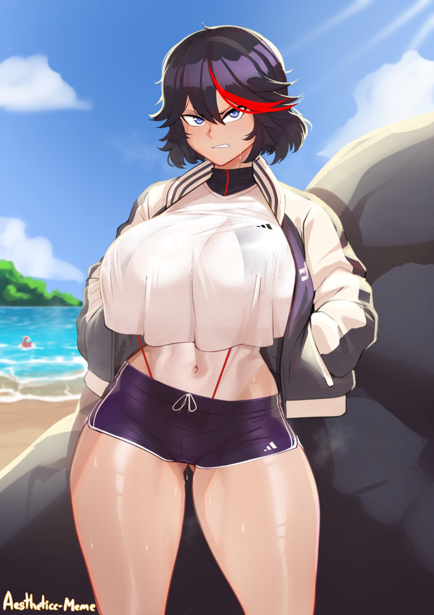 adidas aestheticc-meme among_us beach black_hair black_shorts black_slingshot_swimsuit blue_eyes blue_sky breasts cloud crewmate_(among_us) day dolphin_shorts drawstring female hands_in_pockets highres huge_breasts jacket kill_la_kill matoi_ryuuko multicolored_hair navel one-piece_tan open_clothes open_jacket outdoors red_hair rock scowl see-through_clothes shirt short_hair short_shorts shorts sky slingshot_swimsuit solo streaked_hair sweat swimsuit tan tanlines two-tone_hair white_shirt