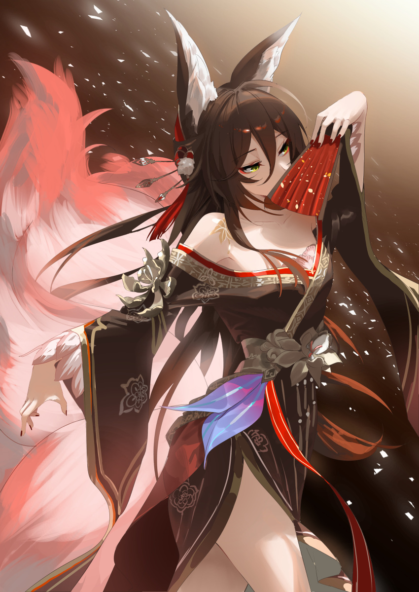 absurdres animal_ears bare_shoulders black_robe brown_hair collarbone commentary_request cowboy_shot female folding_fan fox_ears fox_tail fugue_(honkai:_star_rail) hair_between_eyes hand_fan highres holding holding_fan honkai:_star_rail honkai_(series) large_tail miaooon multiple_tails off_shoulder robe solo standing tail thighs tingyun_(honkai:_star_rail)