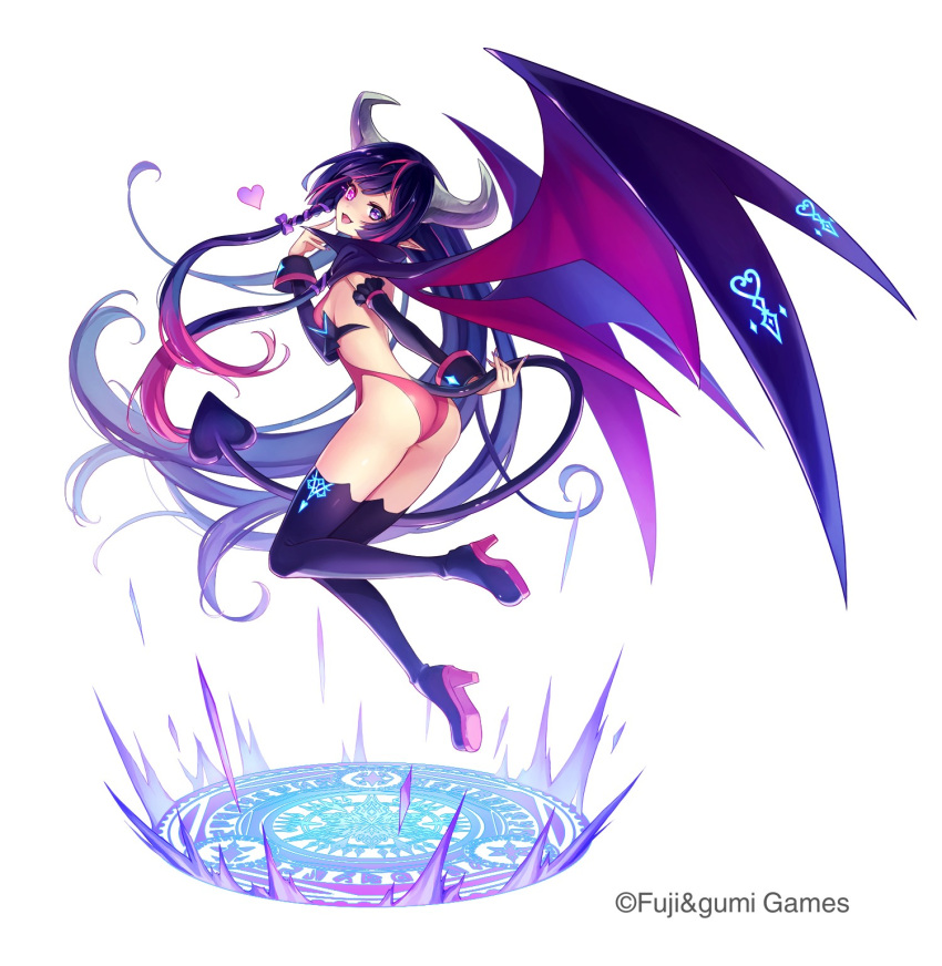 :d ass boots company_name cosplay dare_ga_tame_no_alchemist demon_girl demon_tail demon_wings disgaea female floating floating_hair full_body glowing glowing_eye high_heel_boots high_heels highres horns looking_at_viewer magic_circle makai_senki_disgaea mikan_ame_(gumi) official_alternate_costume official_art pointy_ears purple_eyes purple_footwear rosa_(dare_ga_tame_no_alchemist) smile solo succubus_(disgaea) succubus_(disgaea)_(cosplay) tail thigh_boots thighs third-party_source wings