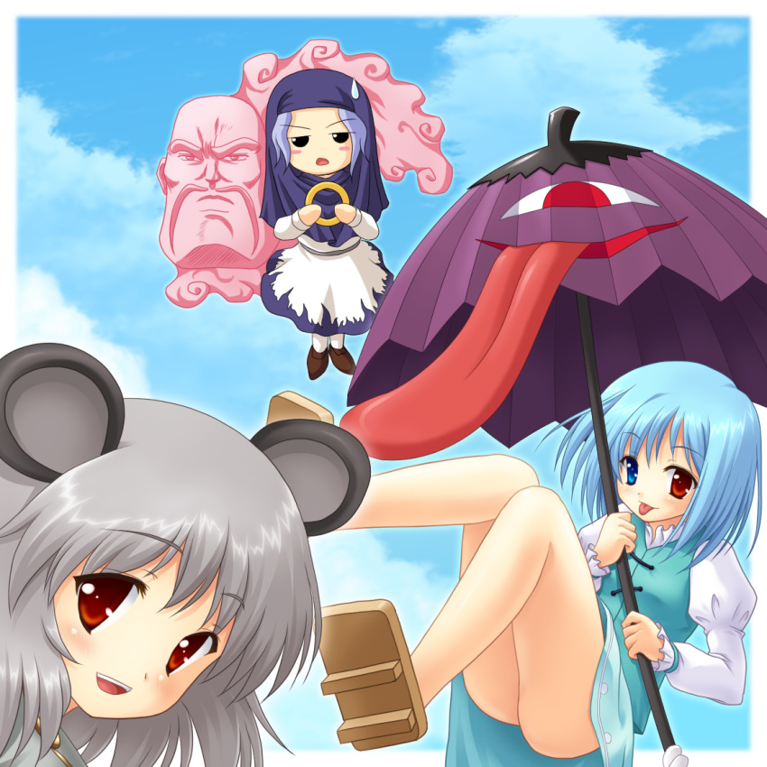 3girls :p animal_ears blue_hair blush bracelet commentary_request edajima_heihachi geta grey_hair heterochromia hood jewelry karakasa_obake kumoi_ichirin mouse_ears multiple_girls nazrin purple_umbrella red_eyes sakigake!!_otokojuku short_hair sweatdrop tatara_kogasa tongue tongue_out touhou umbrella unzan yamasan