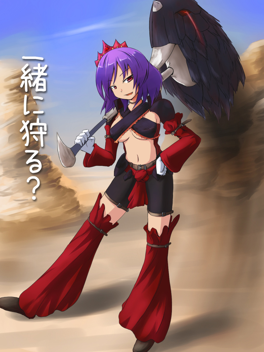 commentary_request female highres monster_hunter_(series) parody purple_hair red_eyes short_hair solo tetsuji touhou yasaka_kanako