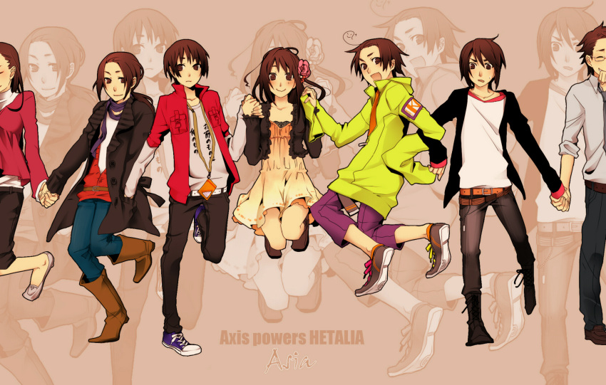 2girls 5boys alternate_costume annotated axis_powers_hetalia bad_id bad_pixiv_id casual china_(hetalia) contemporary highres holding_hands hong_kong_(hetalia) japan_(hetalia) jumping kon_(pixiv345652) korea_(hetalia) long_hair multiple_boys multiple_girls taiwan_(hetalia) thailand_(hetalia) vietnam_(hetalia)