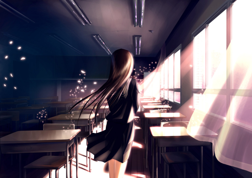 brown_hair chair classroom commentary_request curtains desk female from_behind indoors long_hair original petals school_desk school_uniform skirt solo sunlight wind window yonasawa