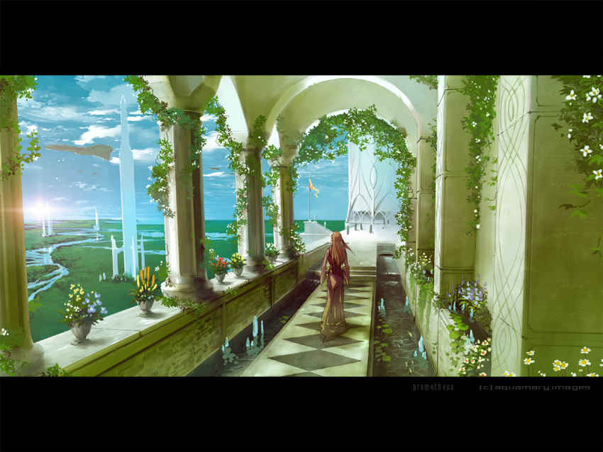 aquamary arch brown_hair commentary_request crystal dress fantasy female flag flower flower_pot ivy letterboxed original pillar plant potted_plant scenery solo tower walking