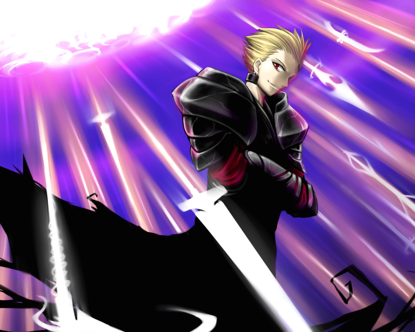 1boy absurdres alternate_color blonde_hair commentary_request fate/stay_night fate_(series) gilgamesh_(fate) hair_slicked_back highres male_focus painfultree red_eyes short_hair solo sword weapon