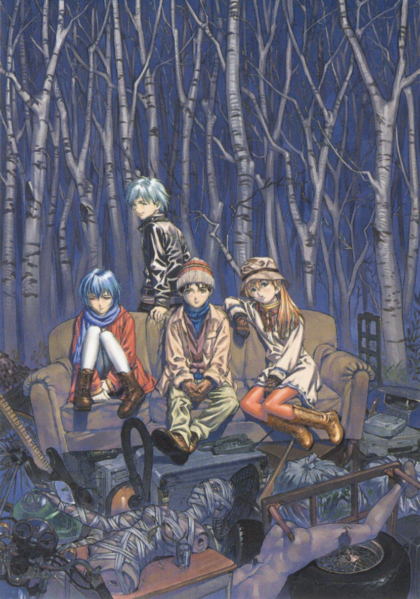 2boys 2girls ayanami_rei blue_hair boots coat cordless_phone couch forest guitar hat highres ikari_shinji instrument mannequin messy multiple_boys multiple_girls nagisa_kaworu nature neon_genesis_evangelion pale_skin pantyhose phone photoshop_(medium) red_eyes red_hair scarf short_hair souryuu_asuka_langley winter_clothes yoshinari_kou yoshinari_you