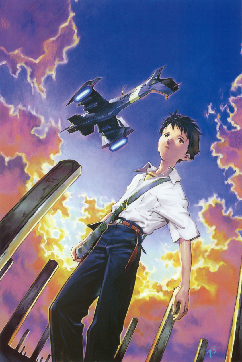 1boy absurdres afterburner aircraft airplane cloud cloudy_sky engine fighter_jet glowing grave gunship highres ikari_shinji jet jet_engine male_focus military military_vehicle neon_genesis_evangelion outdoors sadamoto_yoshiyuki school_uniform science_fiction sky solo thrusters un_heavy_fighter_jet_(evangelion) vtol